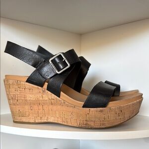 Kork-Ease Black and Tan Wedge Sandals with Cork Heel